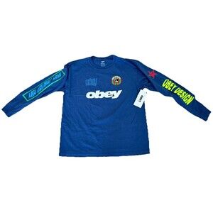 Obey Mega Global Mania 89 Long Sleeve Shirt Blue Neon Graphic Size L NWT Y2K 90s